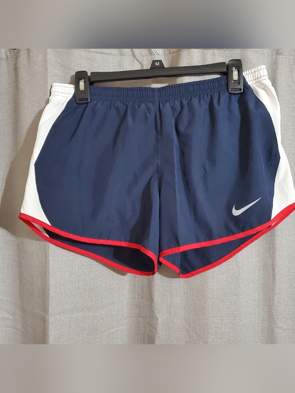 Nike Dri Fit Navy and Red Women's Running Shorts with White Panels Medium
